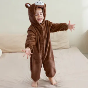 Süßer Kleinkind Bär Kapuzen Strampler, kuscheliger Fleece Jumpsuit für Herbst und Winter.