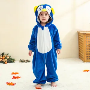 Baby flannel cartoon animal onesie, blue penguin cosplay costume with hood, soft baby romper.