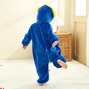 Detail view of baby flannel animal jumpsuit, cozy blue costume with hood for toddlers.