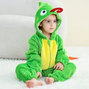 Disfraz de animal verde de franela para niños vista detallada para fiesta y evento.