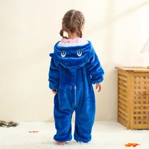 Cute baby flannel shark onesie detail, comfortable blue animal romper jumpsuit for toddlers.
