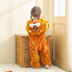 Back view detail of cute toddler lion flannel animal onesie romper for baby daily wear.
