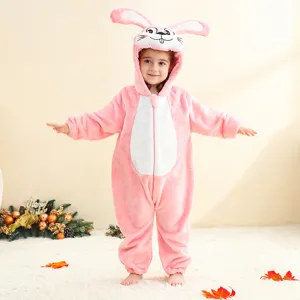 Cute pink bunny flannel baby onesie with hood, soft animal romper costume for infants and toddlers.