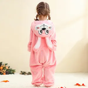 Detailed back view of cute baby pink flannel bunny onesie with soft long rabbit ears.