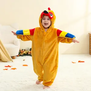 Cute flannel baby jumpsuit with cartoon bird hood, soft infant romper for daily wear.