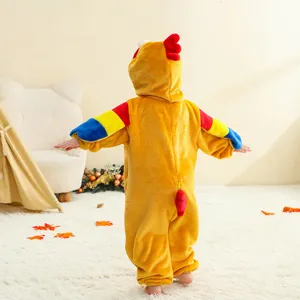 Infant flannel animal onesie detail, cute cartoon bird back view, soft plush baby costume texture