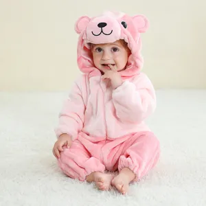 Lindo mameluco de forro polar de oso rosa para bebé con capucha ropa de diario cómoda