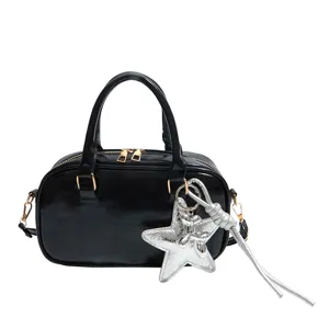 Black patent leather Boston handbag with silver star charm casual women crossbody bag.