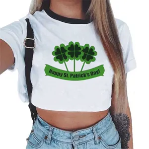 White short sleeve crop top with ringer collar and festive St. Patrick's Day clover graphic print.