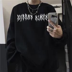 Sweatshirt noir oversize streetwear imprime flamme gothique Y2Kunisexe top automne