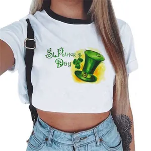 St. Patrick's Day clover print crop top detail view, short sleeve white tee shirt.
