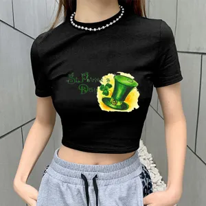 St. Patrick's Day women's short sleeve black crop top with green clover and top hat print.