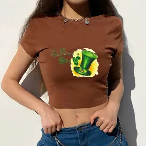 Brown crop t-shirt detail featuring St. Patrick's Day clover hat print design view.