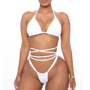 Women white bikini swimsuit sexy halter two piece cross wrap high waist swimwear beach