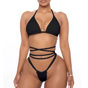 Black sexy halter bikini swimwear for women featuring multi-strap waist and high cut design.