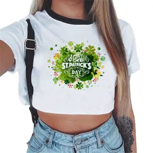 St. Patrick's Day green clover print crop top featuring contrast black trim collar and short sleeves.