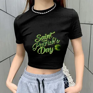 Saint Patrick's Day printed black crop top detail, short sleeve casual t-shirt for women.