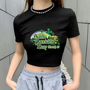 Saint Patricks Day women black crop top with clover print short sleeve casual fashion t shirt
