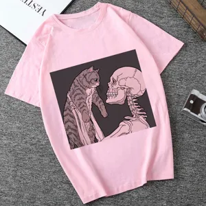 Pink short sleeve t-shirt with cute cat and skeleton graphic print casual vintage tee top