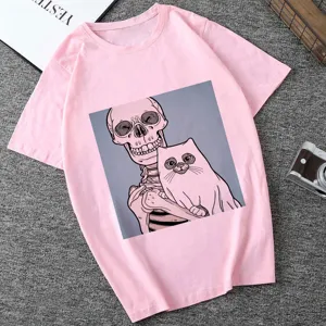 Pink short sleeve t-shirt featuring a unique skull and cat graphic print casual top.
