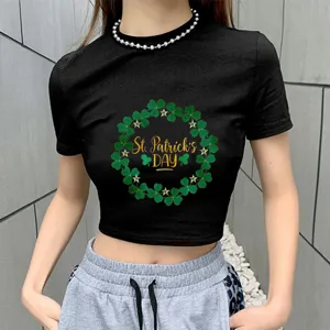 St. Patrick's Day crop top detail view, showcasing clover wreath graphic and black slim fit.