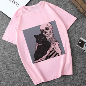 Pink short sleeve t-shirt featuring a gothic skeleton and black cat graphic print top.
