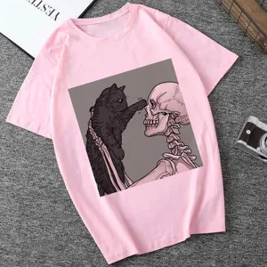 Pink short sleeve t-shirt featuring a unique black cat and skull graphic print casual wear