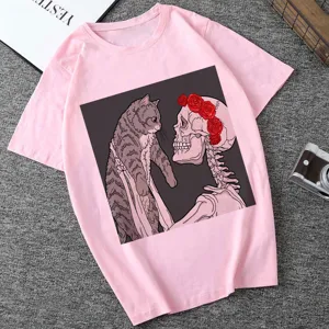 Pink short sleeve t-shirt featuring cute cat and skeleton graphic print, casual crew neck top.
