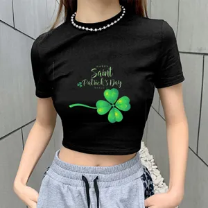 Women Saint Patrick Day Clover Print Crop Top T-Shirt detail view showing clover graphic.