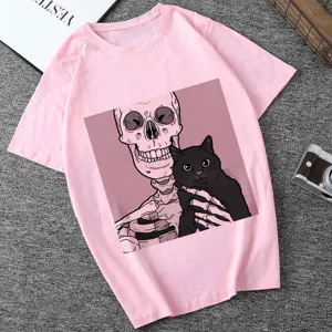 Detailed view of women pink short sleeve T-shirt featuring unique skeleton cat graphic print.