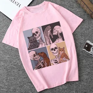 Graphic print short sleeve t-shirt featuring skeleton and cat illustration for women casual wear.