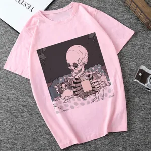 Pink graphic women t-shirt featuring skeleton and cat drinking coffee print, casual short sleeve top