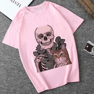 Women pink short sleeve t-shirt featuring unique skull and cat graphic design detail.