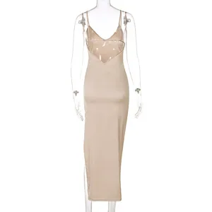 Sexy backless V-neck split slip dress for women, elegant summer sleeveless midi dress for party.