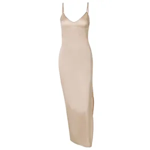 Silk satin V-neck maxi slip dress detail view, elegant backless side slit design for women summer.