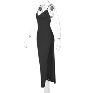 Black long slip dress featuring a sexy v-neckline, backless design, and high side slit.