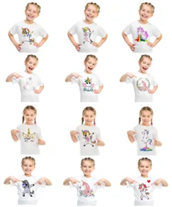 Maglietta Casual a Manica Corta per Bambini Estate Top con Stampa Unicorno Carino Bambini Poliestere Pullover Girocollo Abbigliamento Quotidiano