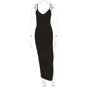Sexy black v-neck slip maxi dress with slit, elegant women summer sleeveless long dress.