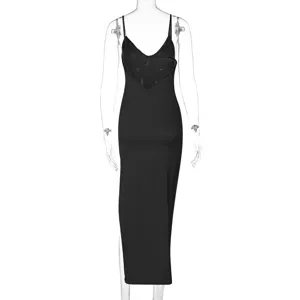 Sexy black backless v-neck slit long dress for women summer elegant party evening wear