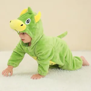 Cute green dinosaur flannel baby romper fleece hooded jumpsuit infant crawling clothes cute