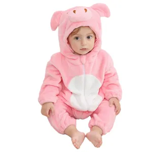 Cute baby pink pig flannel jumpsuit, cozy winter hooded romper for infants and toddlers.