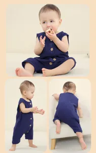 Comfortable pure cotton sleeveless baby romper with cute wooden buttons for summer wear.