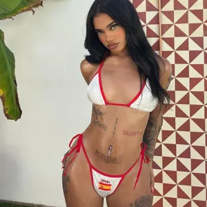 Women sexy split bikini swimwear white and red halter tie swimsuit with Spain flag print