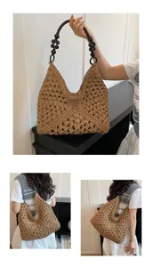 Stijlvolle geweven stro schoudertas voor dames, grote casual handtas met houten kralen.
