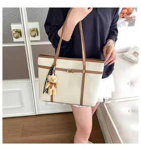 Stylish casual large capacity shoulder tote bag with cute bear pendant for daily women
