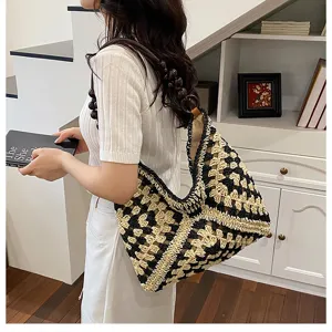 Zwart-wit geweven schoudertas met kralenriem, casual grote shopper voor dames.