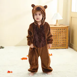 Toddler brown bear flannel onesie detail shot showing cute hood and soft warm material.