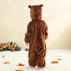 Back view of baby flannel animal onesie romper in brown, soft fleece toddler costume.