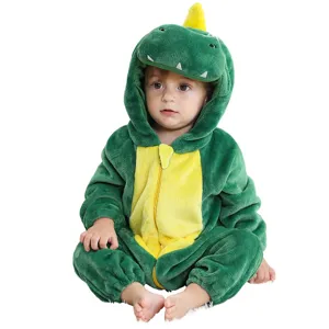 Lindo pelele de franela verde de dinosaurio para bebé, mameluco suave y cálido para niños.