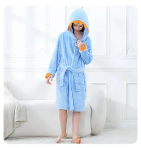 Accappatoio con cappuccio dinosauro in flanella blu per bambini, pigiama caldo e morbido.